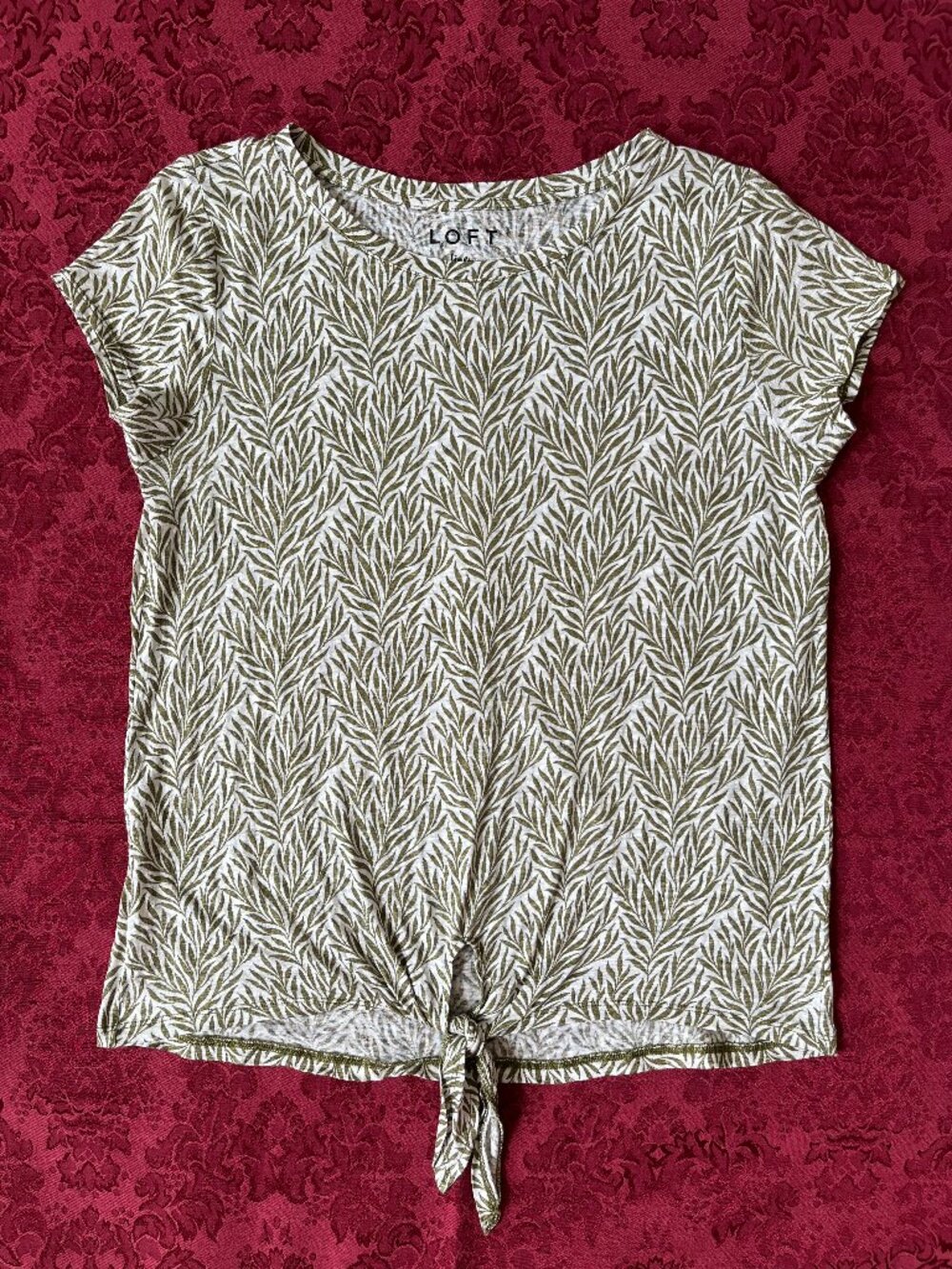 LOFT 100% Linen Leaf Pattern Tie Shirt Top Medium